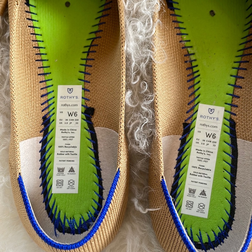 Rothy's Pointed Toe Flats in Tan with Blue Accent - Picture 3 of 5